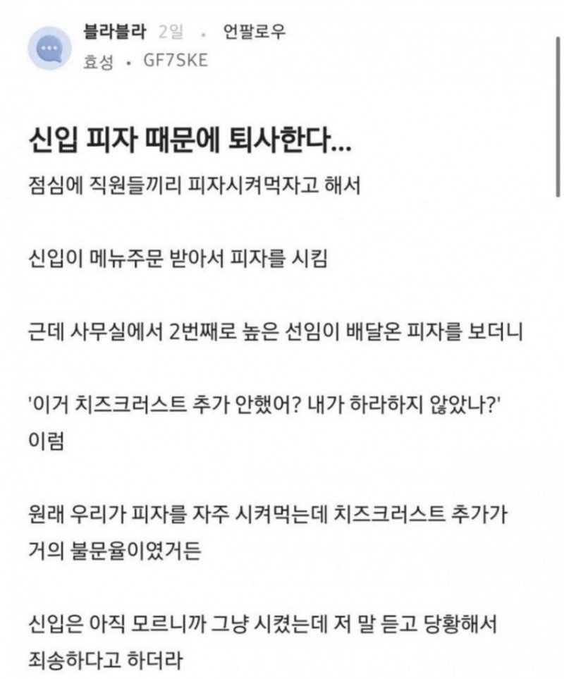 신입 피자 때문에 퇴사한다...