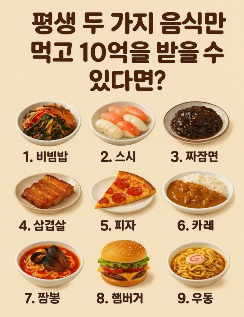 평생 2가지 음식만 먹고 10억을 받을 수 있다면?
